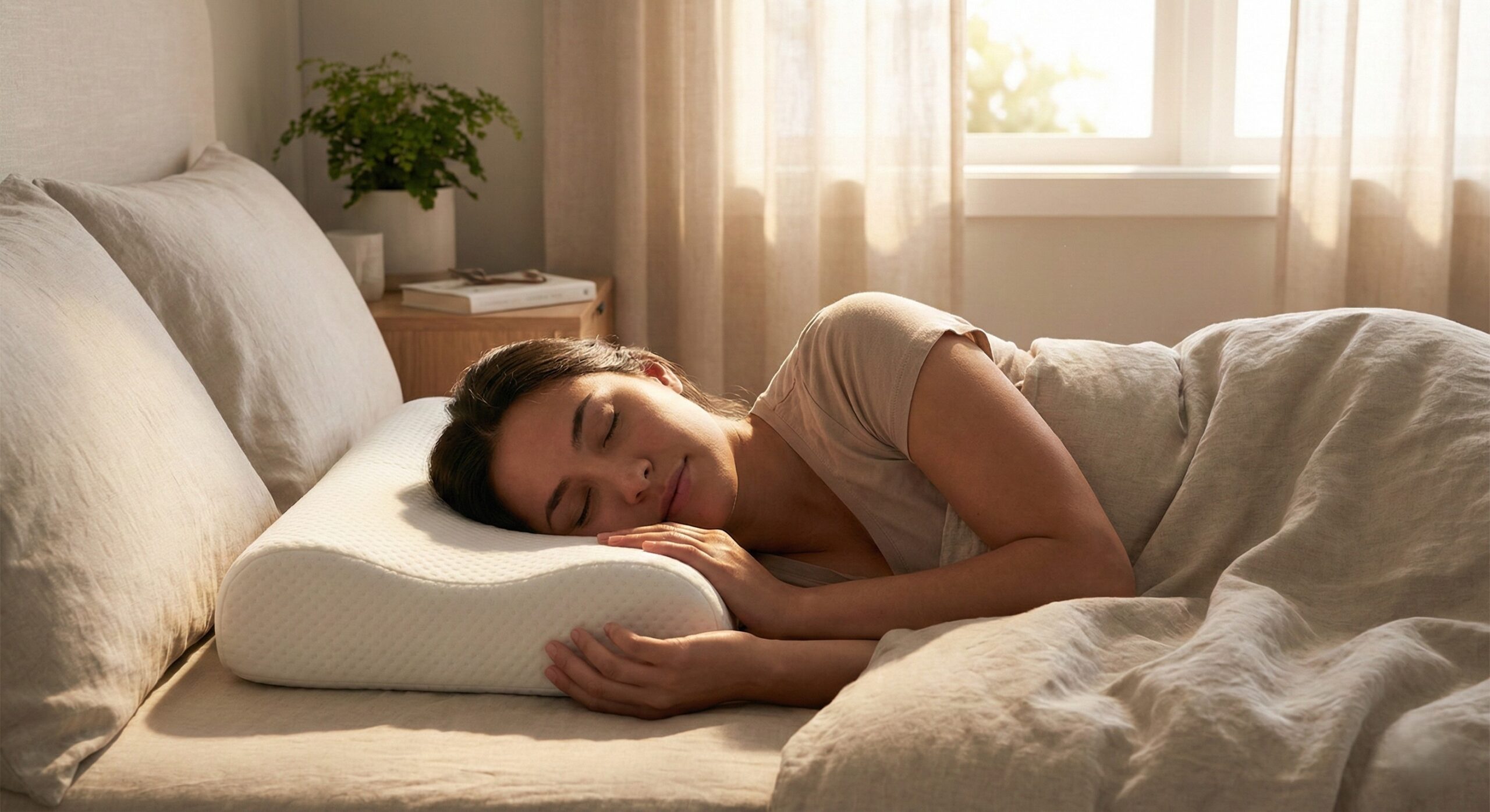 Person sleeping comfortably on Derila Ergo ergonomic pillow